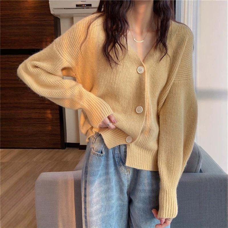 2026 Spring/Autumn Korean Loose Knit V-Neck Cardigan Sweater for Women, Little Coco Fashion Style.