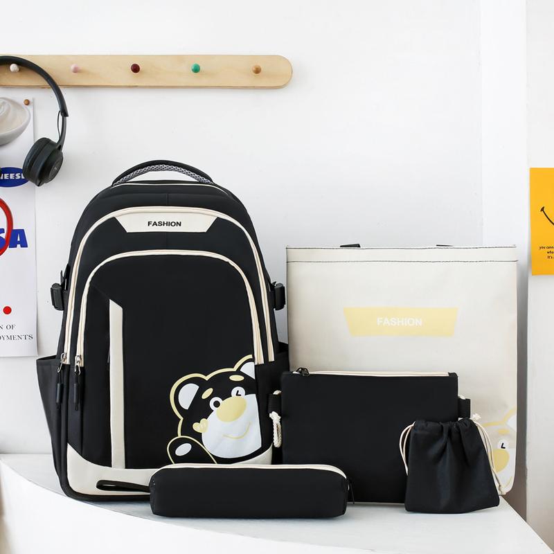 Five-Piece Backpack Set Women's Bear Printed Backpack Student Color Contrast Schoolbag