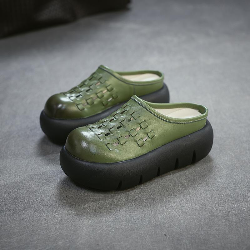 Johnature Chaussons d'extérieur rétro en cuir de vachette à semelles épaisses et bout rond, tissés à la main, polyvalents, pour femmes, à enfiler