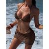Women American Retro Mesh Sequined Three Piece Bikini Swimsuit