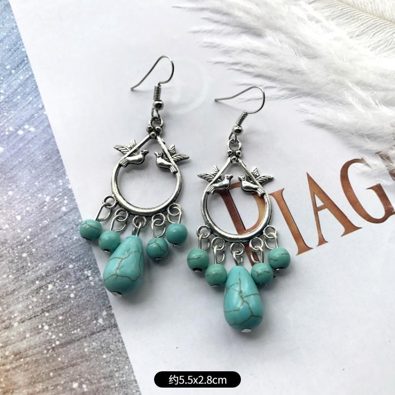 Temperament Retro Turquoise Earrings, Ancient Silver Water Drop Fringed Earrings, Women's Versatile Long Ear Jewelry
