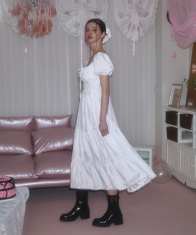 Rose Franz Puff Shirring Lace Long Dress [Ivory]