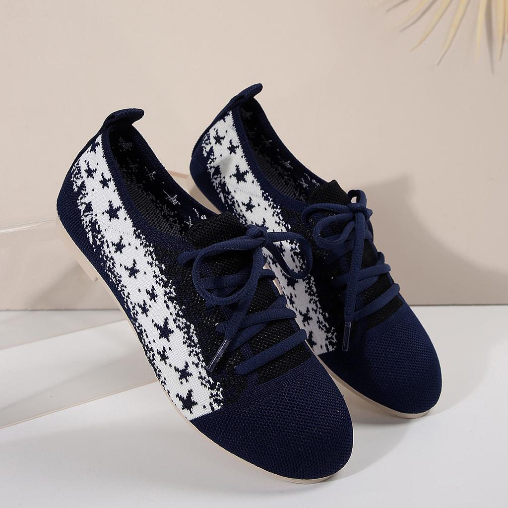 Flat-bottomed Single Shoes Women's Autumn Large Size Breathable Color Matching Front Lace-up Lightweight Flying Woven Sports Shoes Women