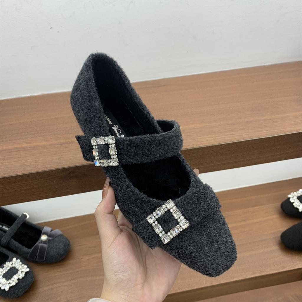New gray square head small fragrant shoes women's shallow mouth velvet warm Mary Jane shoes rhinestone fluffy shoes cotton shoes commuting