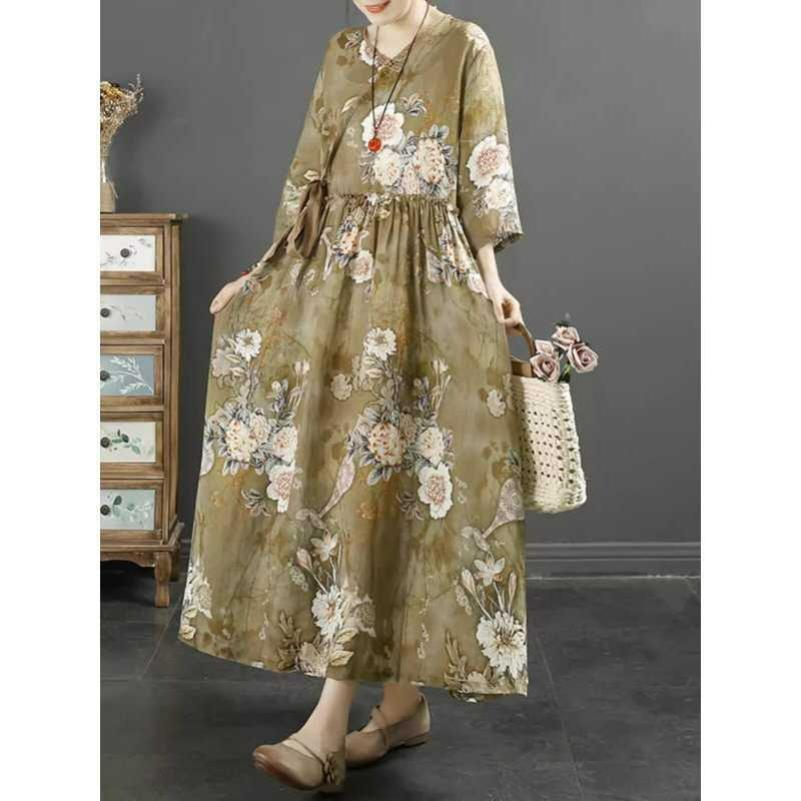 

Spring Retro Printing Chinese Style V-neck Three-quarter Sleeves National Style Mid-length Waist Slimming Dress Women 2XL жовтий