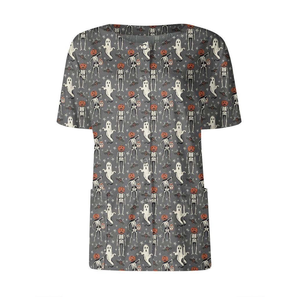 Women's Short Sleeved Patterned Pockets, Work Print Stand Up Collar, Single Breasted Protective Clothing, Cardigan Jacket, Top