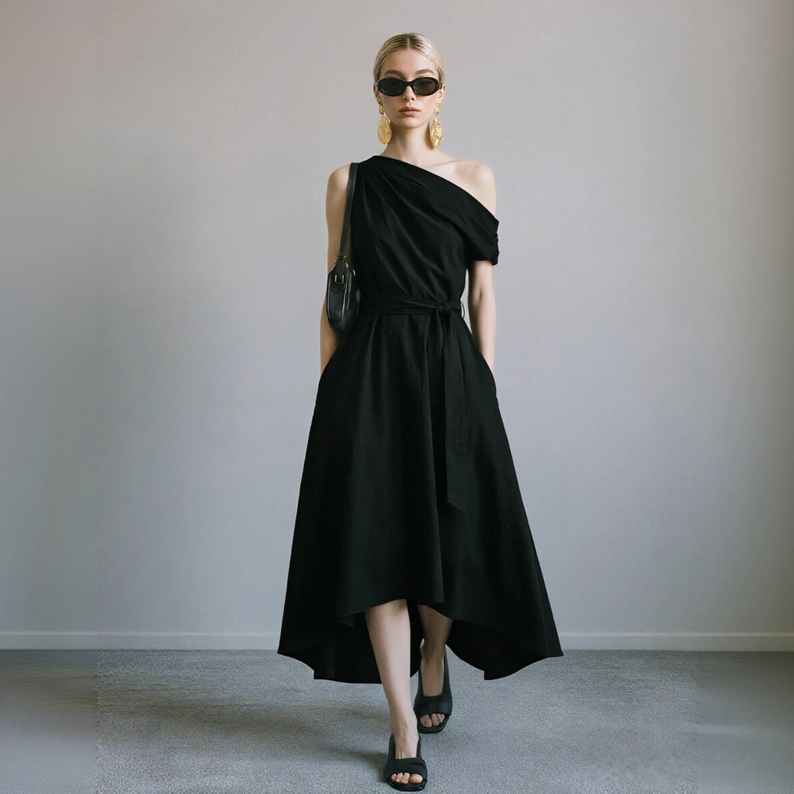 Women One Shoulder Dress Waist Tie Asymmetric Hem Midi Dress Casual Elegant Summer Dress L