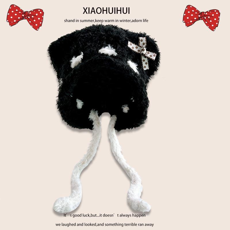 

Cute bear bow plush hat women s season new big head circumference warm ear protector Lei Feng hat tide one size (56-60cm)