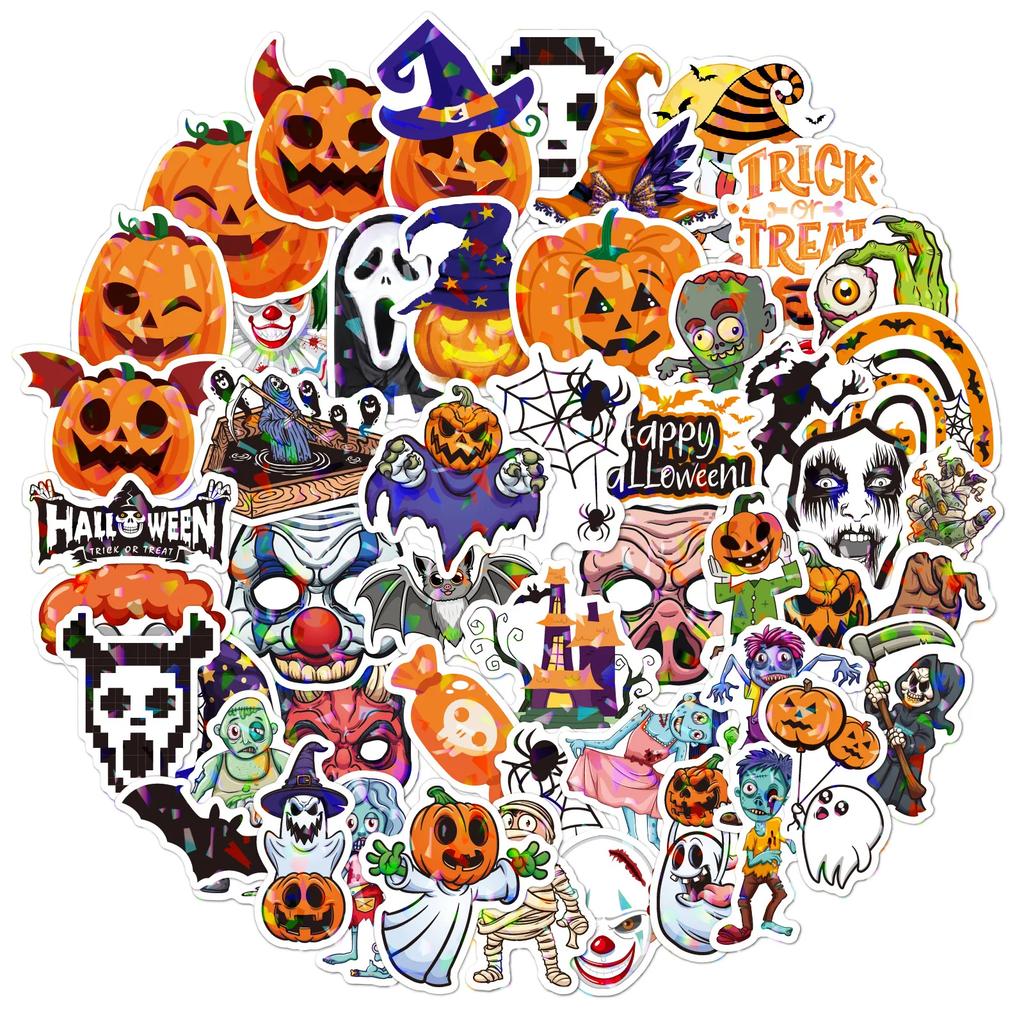 2026 50pcs Laser Flash Halloween Stickers Holographic Vinyl Trunk Mug Cup Sticker Waterproof Removable Sticker Halloween Decor