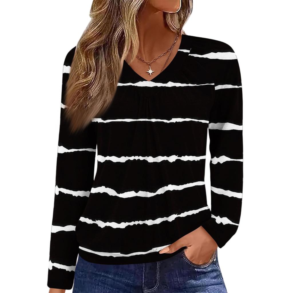 Women's Casual Fashion V-Neck Raglan Pleated Floral Print Long Sleeve Top