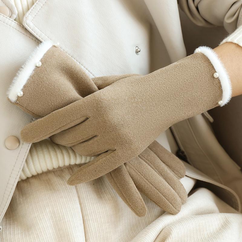 Winter Women Keep Warm Fashion Elegant Plush Wrist Cuff Pearl Gloves Luxury Fleece Soft Cycling Drive Touch Screen