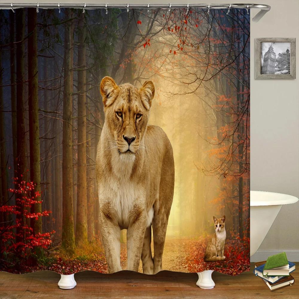 Lion Pattern 3D Printing Shower Curtains Home Decor Multi-size Grey Shower Curtain Animal Waterproof Bath Screen for Bathroom