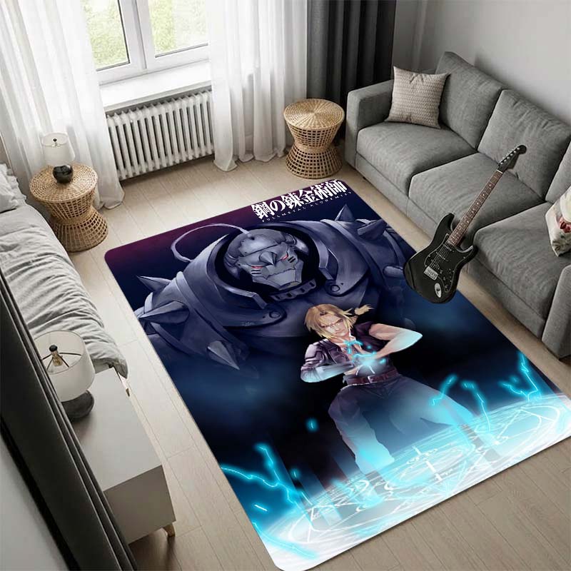 Fullmetal Alchemist Rug, All Characters Heroes and Villains Anime Print Carpet, Red Blue Living Room Game Room Floor Mat