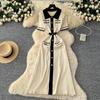 Niche Retro Socialite Fashion Contrasting Color Polo Collar Metal Buckle Short Sleeve Knitted Dress Women's Waist Sweater Long Dress