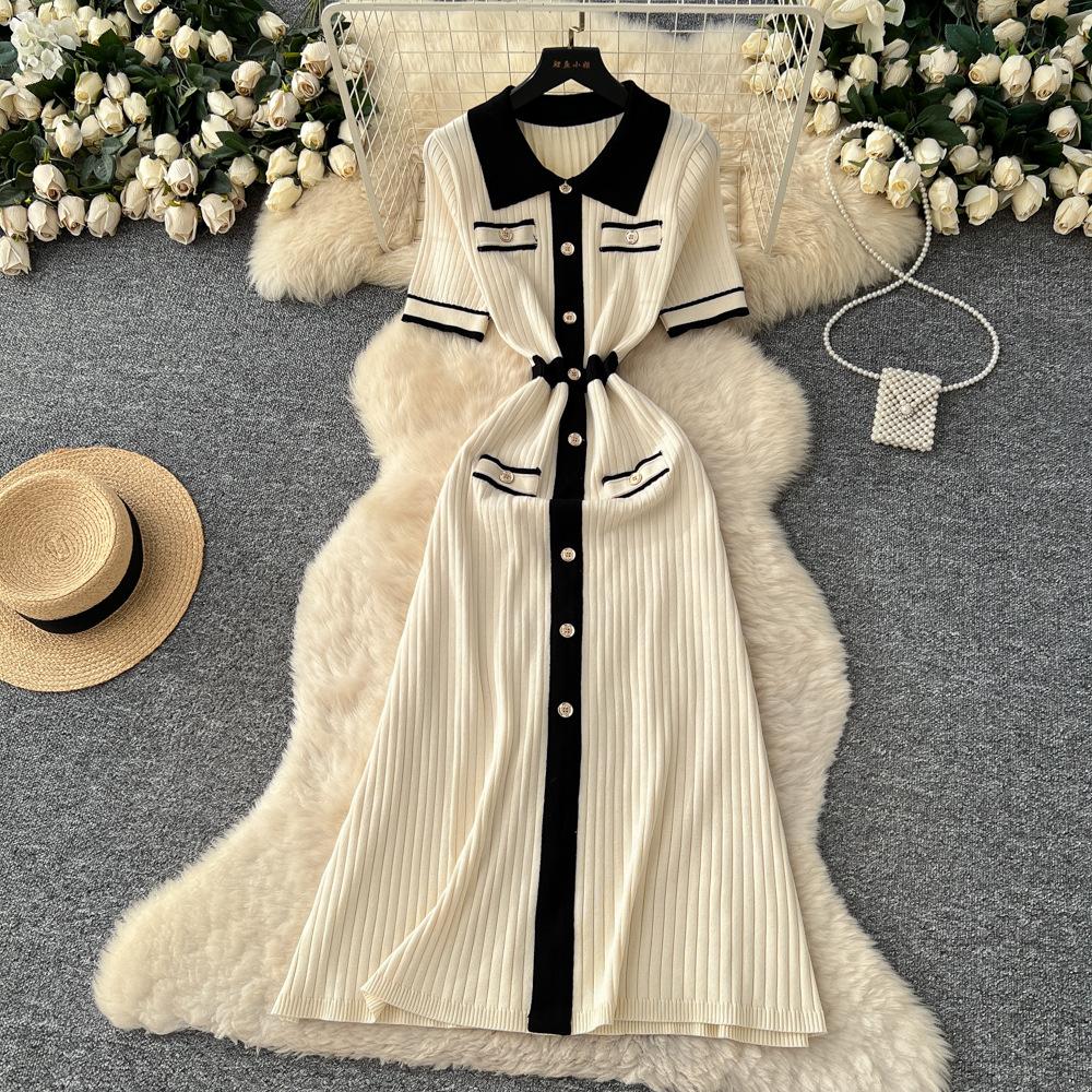 Niche Retro Socialite Fashion Contrasting Color Polo Collar Metal Buckle Short Sleeve Knitted Dress Women's Waist Sweater Long Dress