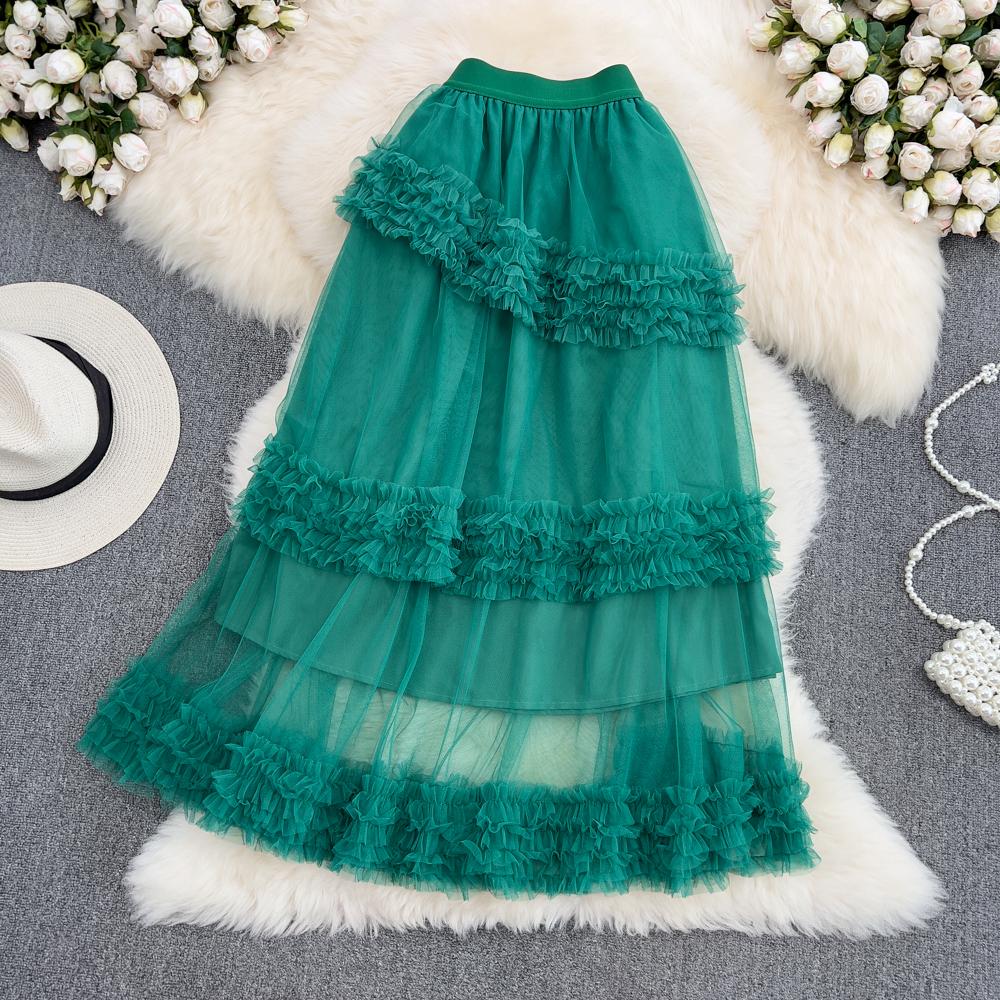 Summer High-Waisted Slim Multi-Layer Ruffled Tutu Skirt Mid-Length Over-The-Knee Elastic Waist Mesh Skirt Women