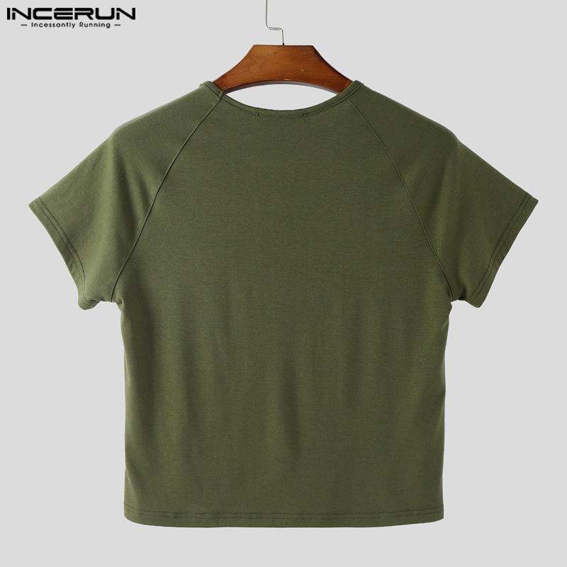INCERUN Herren Rundhals Kurzarm Mesh Transparent Patchwork Figurbetont Cropped T-Shirts