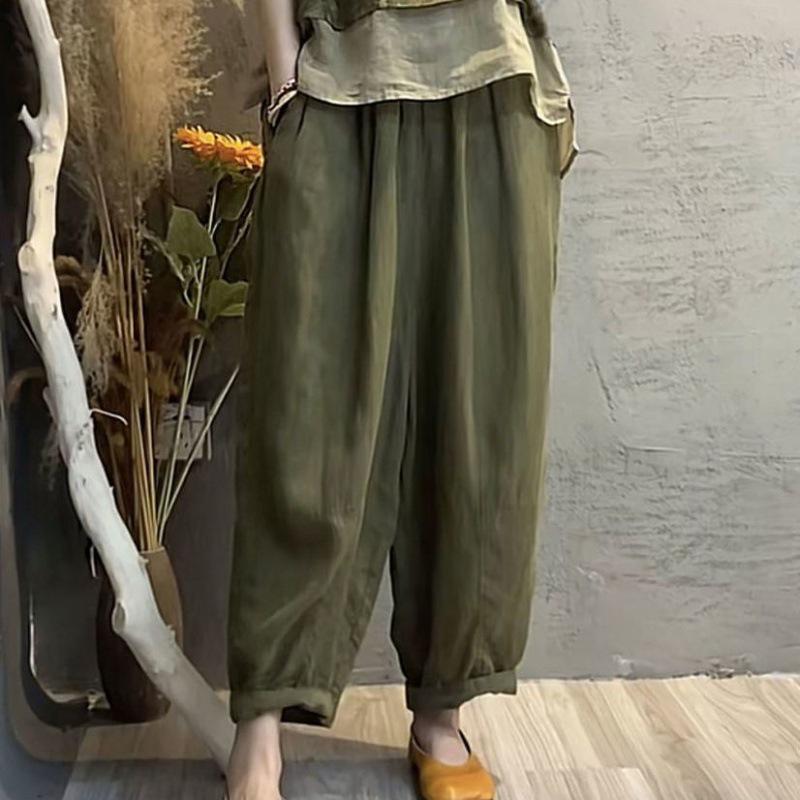 

Женский летний хлопково-льняной комплект 2024: Топ с принтом в стиле пэчворк и зауженные брюки-гарем двойка 4XL (For 165-180 jin)