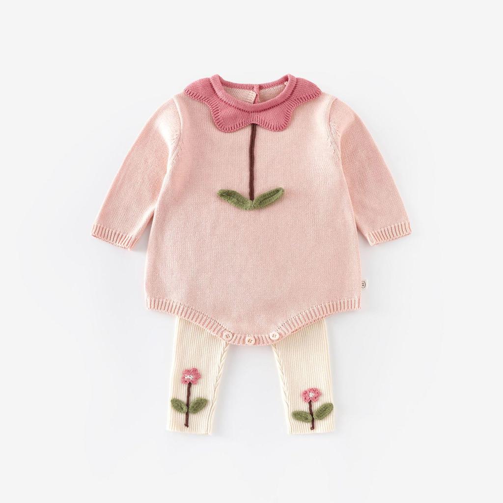 Herbst 2025 Baby Strampler mit floralem Kragen & bestickte Leggings Set