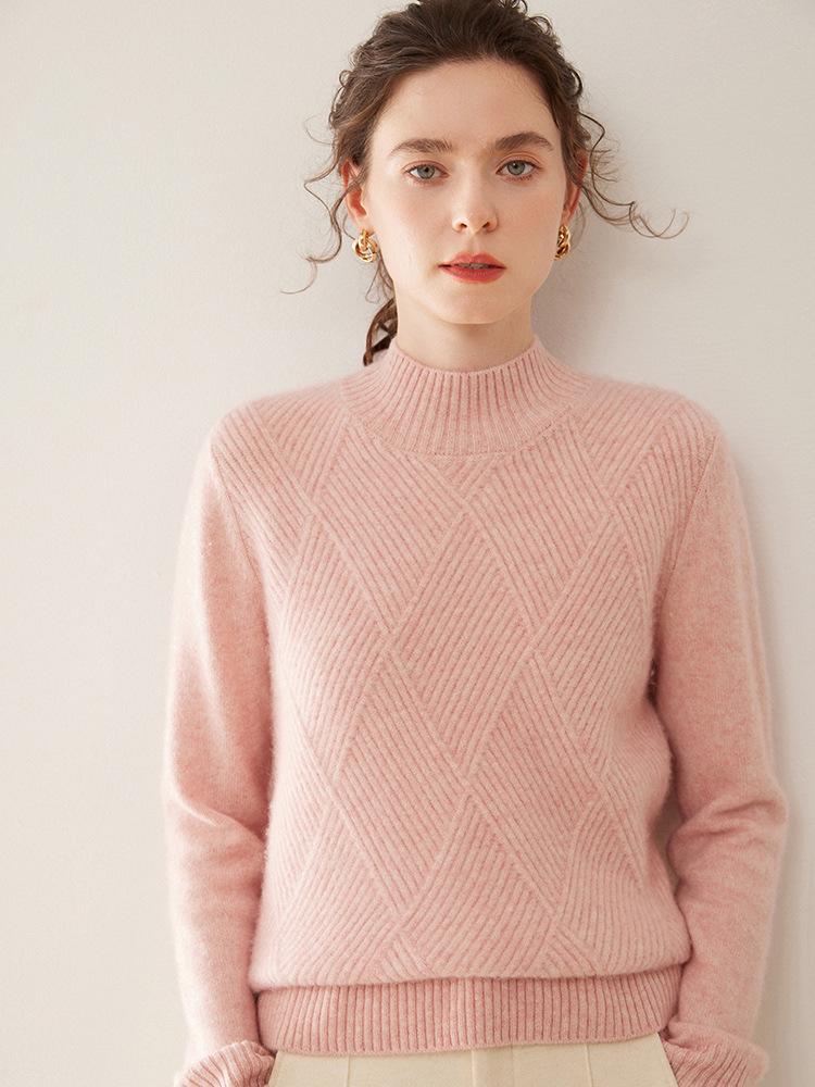 Women's Diamond Pattern Cashmere Knit Sweater: Half-High Collar, Long Sleeves, Loose Fit, Warm, Soft, Comfortable, Skin-Friendly.