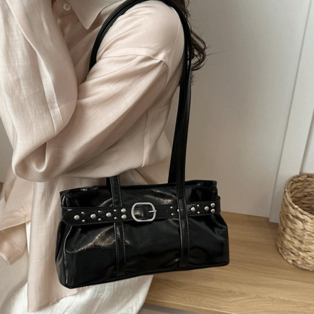 Rivet Belt Buckle Underarm Bag Large Capacity Tote Bag Trendy PU LeatherShoulder Bag Commute