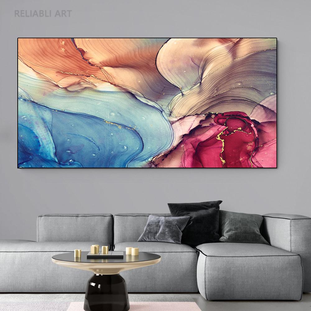 Abstract Dark Gray Blue and Gold Fluid Art Canvas Painting Luxury Gold Foil Posters and Prints for Living Room Decor Cuadros