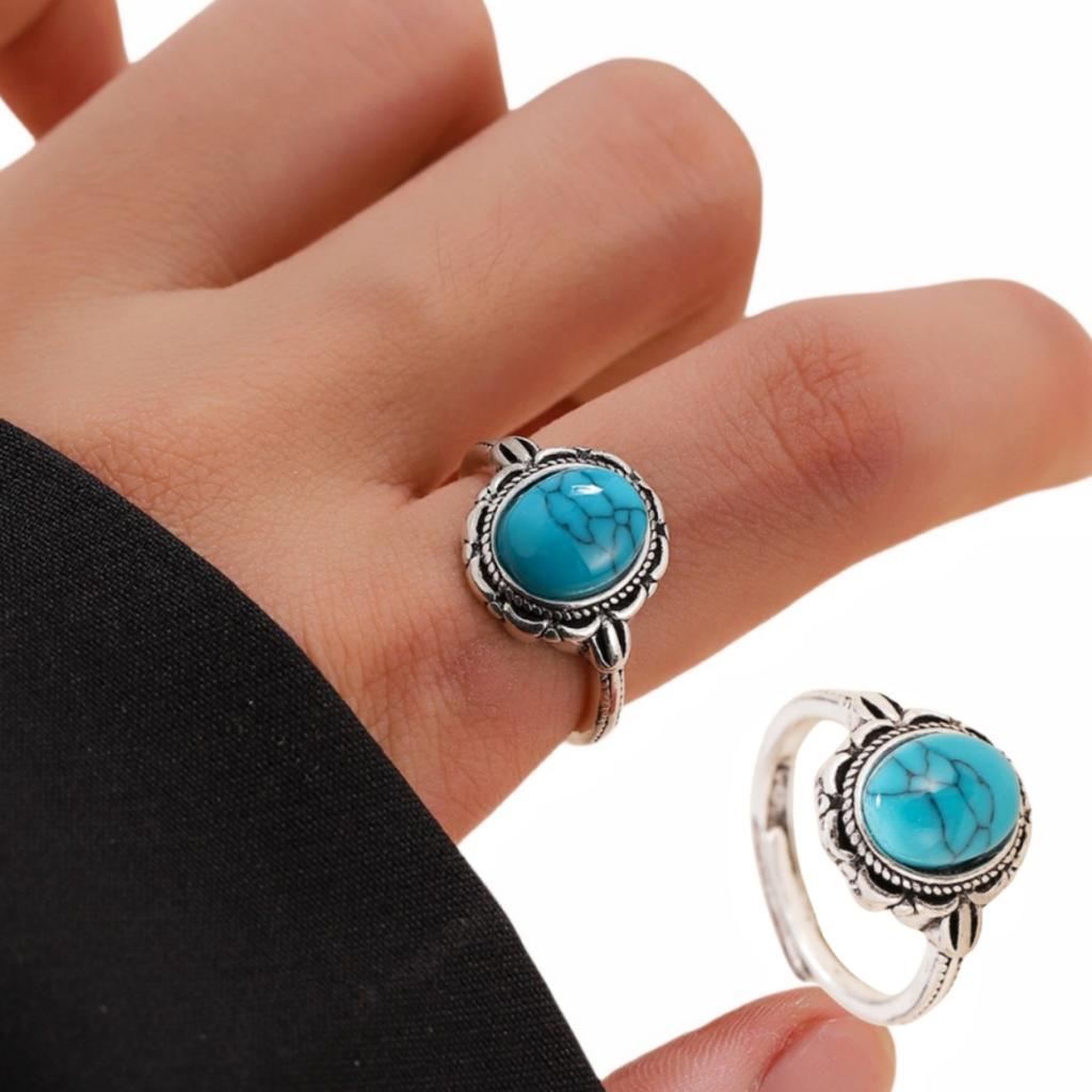 Vintage Ring Oval Turquoise Ring Ethnic Style Adjustable Ring
