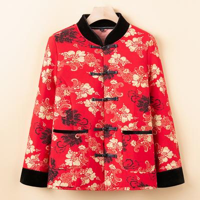 Palton călduros floral de vânt național cu cataramă în stil chinezesc pentru mamă de vârstă mijlocie și în vârstă, de mărime mare, căptușit cu bumbac