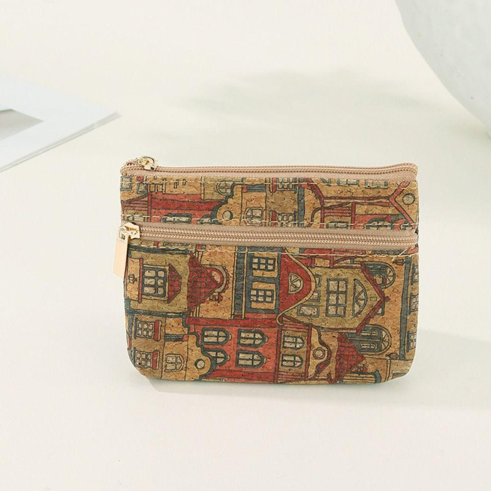 Fashion Cork Coin Purse Ethnic Style Double Layer Zipper Money Bag Luxury Retro Clutch Pocket Wallets