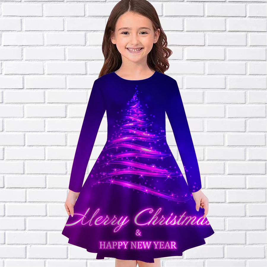 Girls Long Sleeve Dress fashion Round Neck Pattern Random Printing Casual Girls Dress 100cm