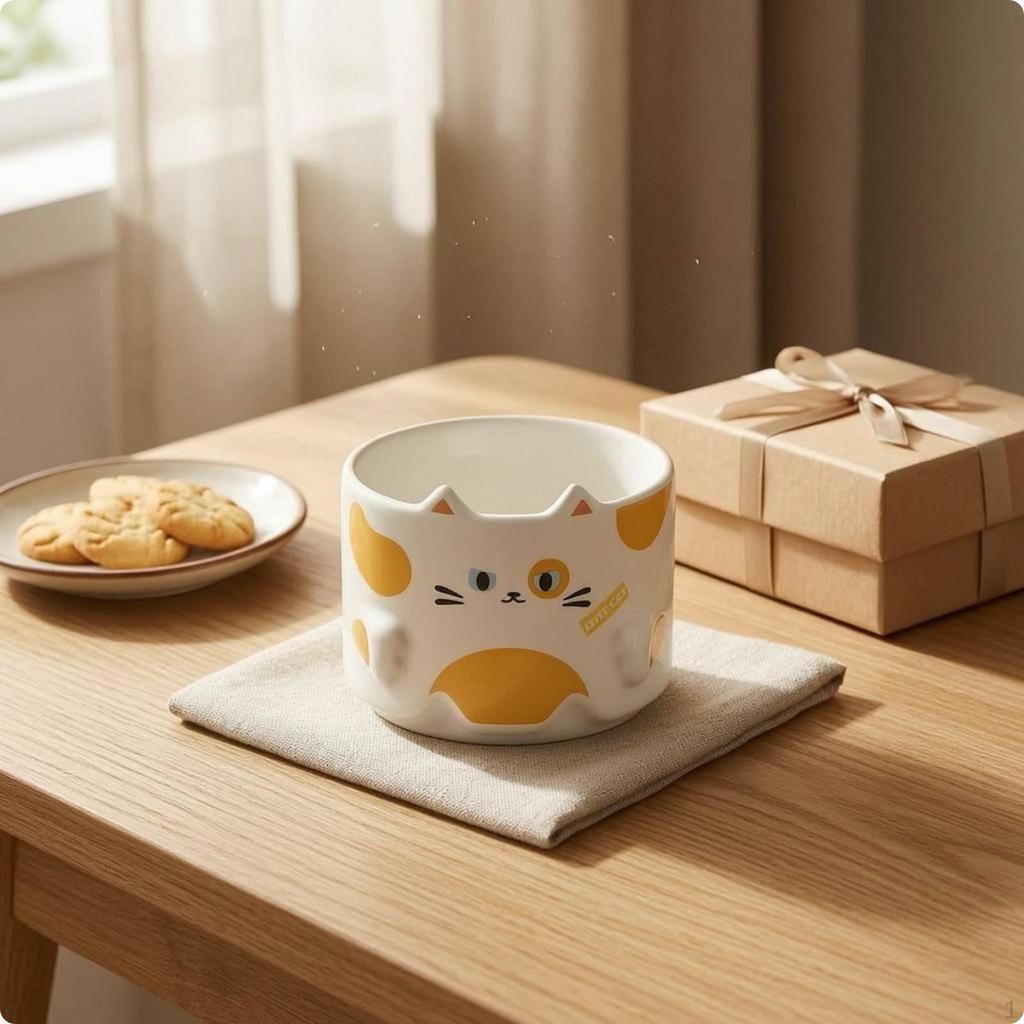 Ceramic Cat Mug Cartoon Feline & Brew Paw Details Tableware White