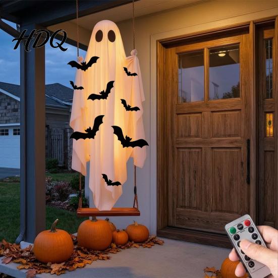 Halloween-Atmosphäre-Set Große Hängeschaukel Geist-Dekoration Leuchtend Gruselig Schwingend Atmungsaktives Polyester mit 3D-Fledermäusen für Veranda Hof,