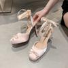 Fashion Balck Stain Lace Up Ballet Shoes Girl Pink Square Toe Bow Tie Stiletto Heel Ankle Strap Slingback Elegant Summer Sexy Pumps