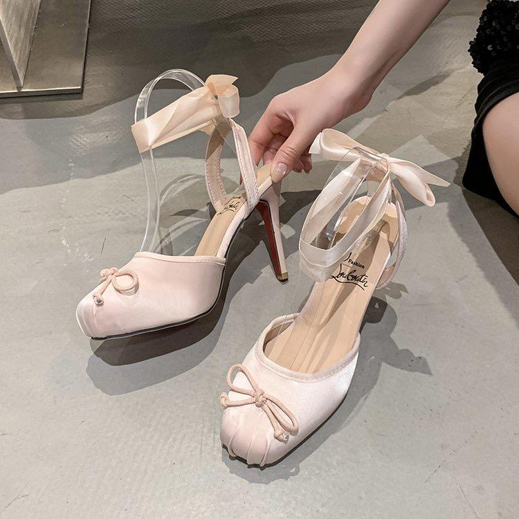 Fashion Balck Stain Lace Up Ballet Shoes Girl Pink Square Toe Bow Tie Stiletto Heel Ankle Strap Slingback Elegant Summer Sexy Pumps