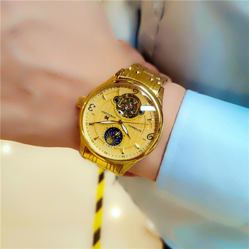 AOKULASIC Men Wristwatch Automatic Mechanical Military Sport Tourbillon Male Clock Top Luxury Stainless Steel Watch Gift 525