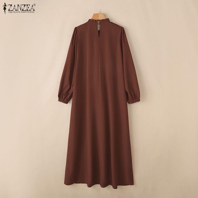 ZANZEA Women Round Neck Loose Long Sleeve Muslim Casual Long Dress