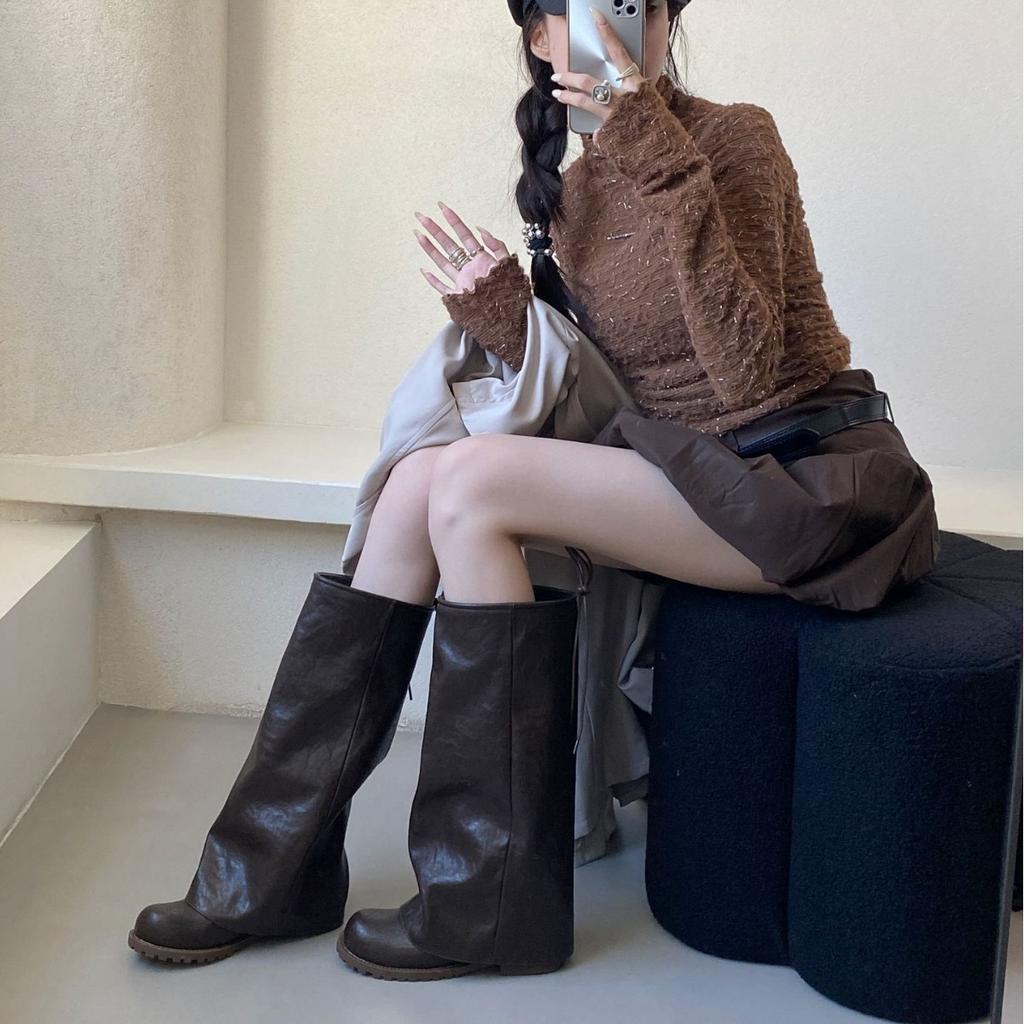New Spot Korean Version Fashionable 2025 Autumn and Winter New Maillard Retro Stacking Boots Boots Boots Women's Pants Tube Riding