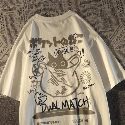T-shirt a Maniche Corte Estiva Giapponese Retro da Taschino Gatto Cartone Animato Stampato Uomo Donna Coppie Unisex Stile College Top Oversize