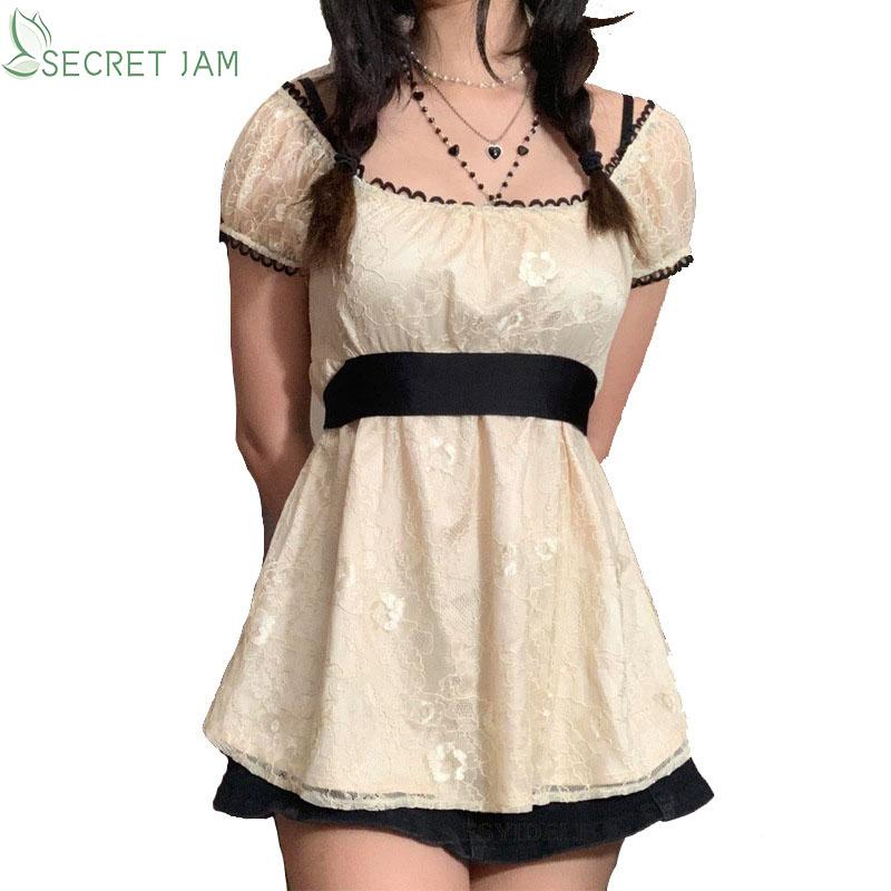 

Secret Jam Women s Fashion Mid-length Short-sleeved Lace Top XS бежевий