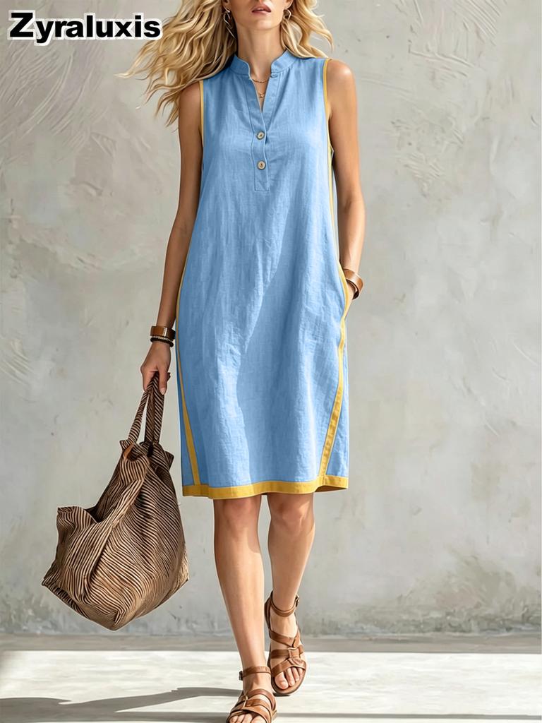 New Women's V-Neck Sleeveless Casual Loose Linen Dress
