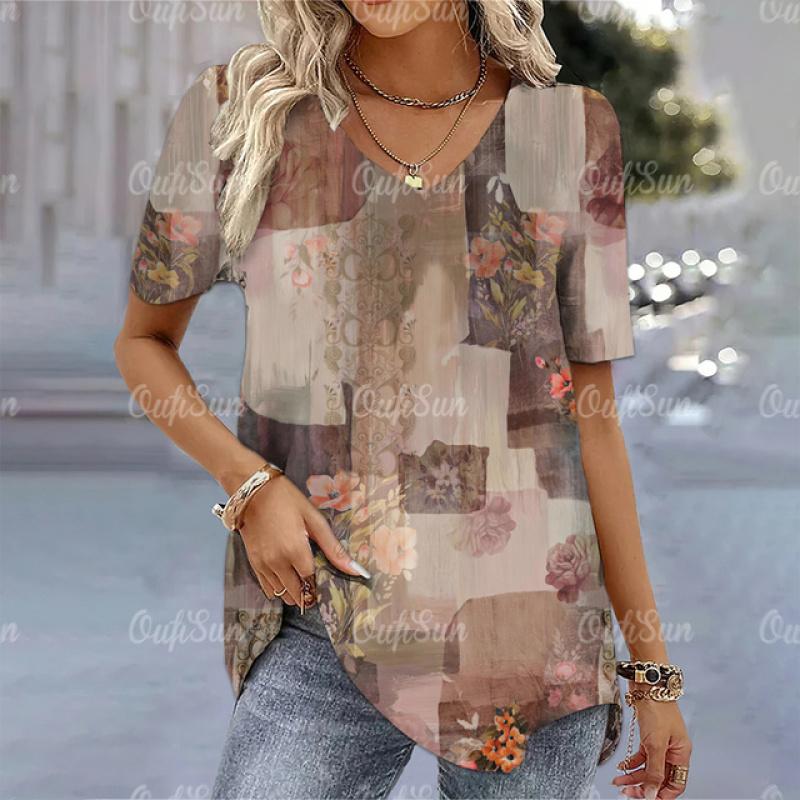 Damska koszulka 3d kwiaty drukuj topy Tee letnia koszulka z dekoltem w serek z krótkim rękawem nowy projekt swetry ponadgabarytowa moda odzież damska