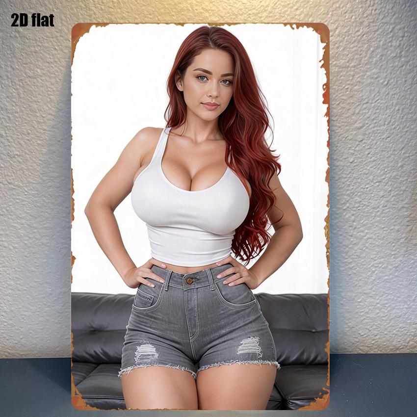 

HD Metal Tin Sign Curvy Redhead Woman in White Tank Top Denim Shorts Vintage Wall Art Decor for Home Bar Man Cave Retro Metal 20x30cm（7.8x11.8inch）