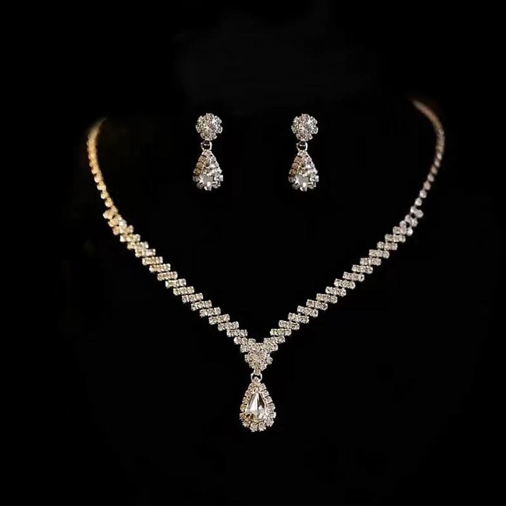 3PC Women's Fashion Water Drop Necklace Earrings Zircon Set Suitable for Wedding, Party, Festival Gifts-2910