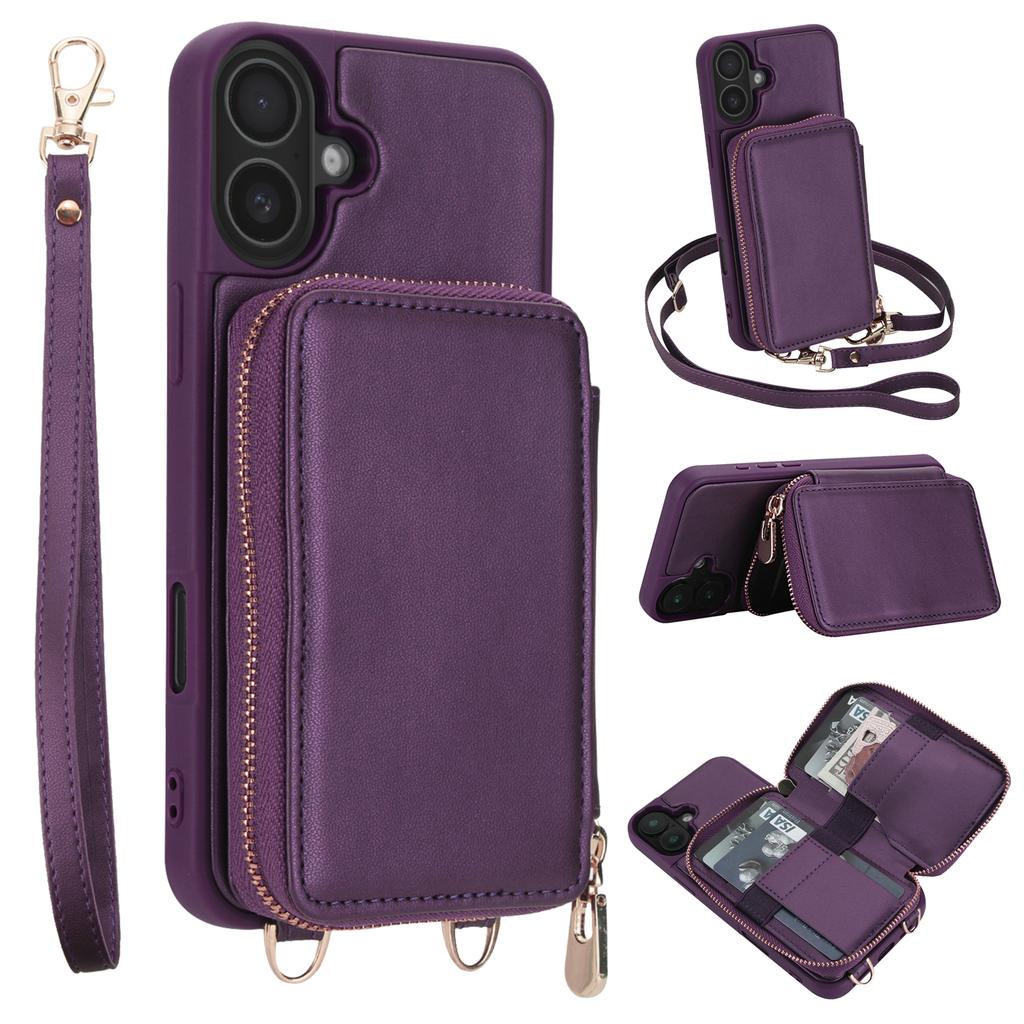For iPhone 16 Plus Case RFID Blocking Zipper Wallet Leather + TPU Phone Cover with Shoulder Strap