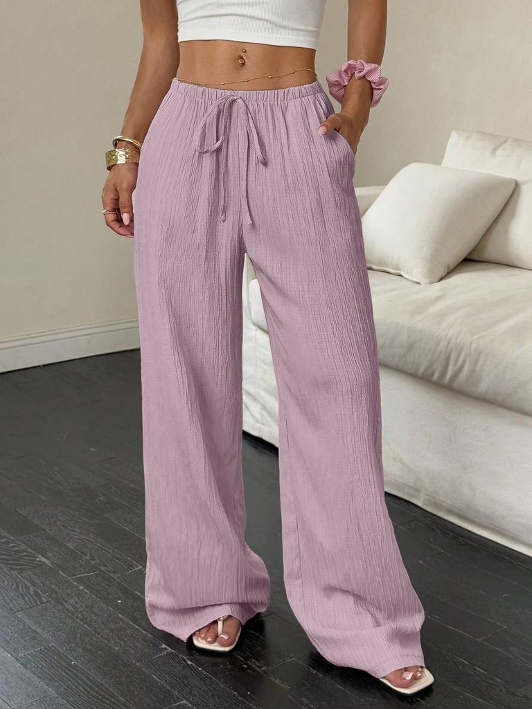 Beige Pleated Wide Leg Drawstring Pants