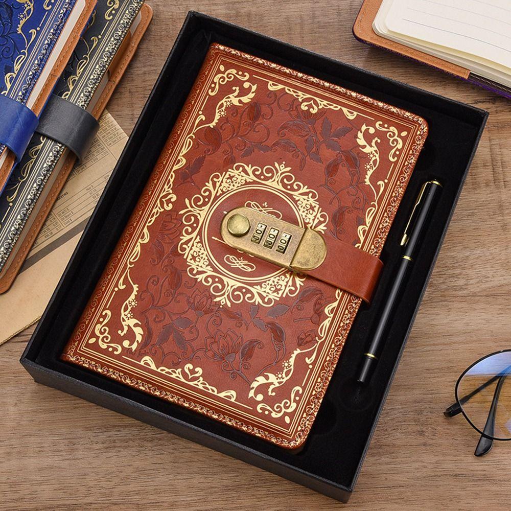 PU Leather A5 Journal Notebook Embossed Design Hard Cover Personal Planner Organizers Combination Lock Ruled Lined Paper