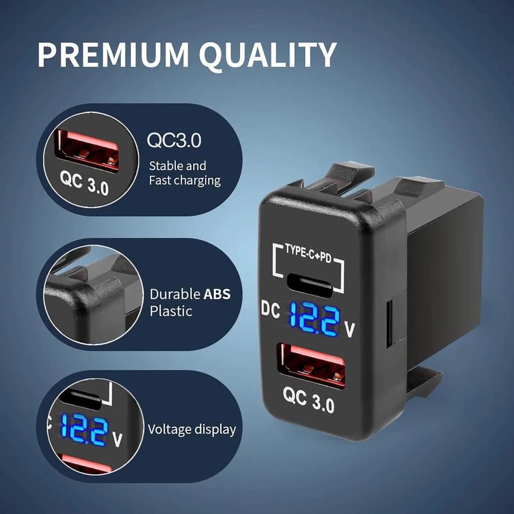 USB Car Charger Socket Quick Charge 3.0 & PD USB C Port Power Outlet Adapter for 12V/24V Toyota Vehicles