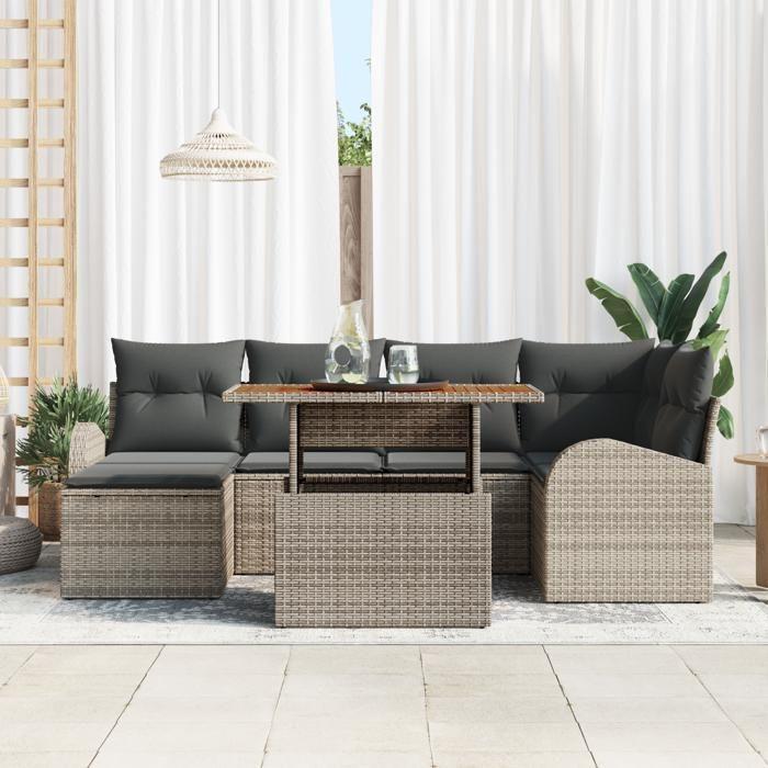 VidaXL Ensemble de salle à manger de jardin 7 pièces avec coussins en poly rotin gris et acacia 3349607