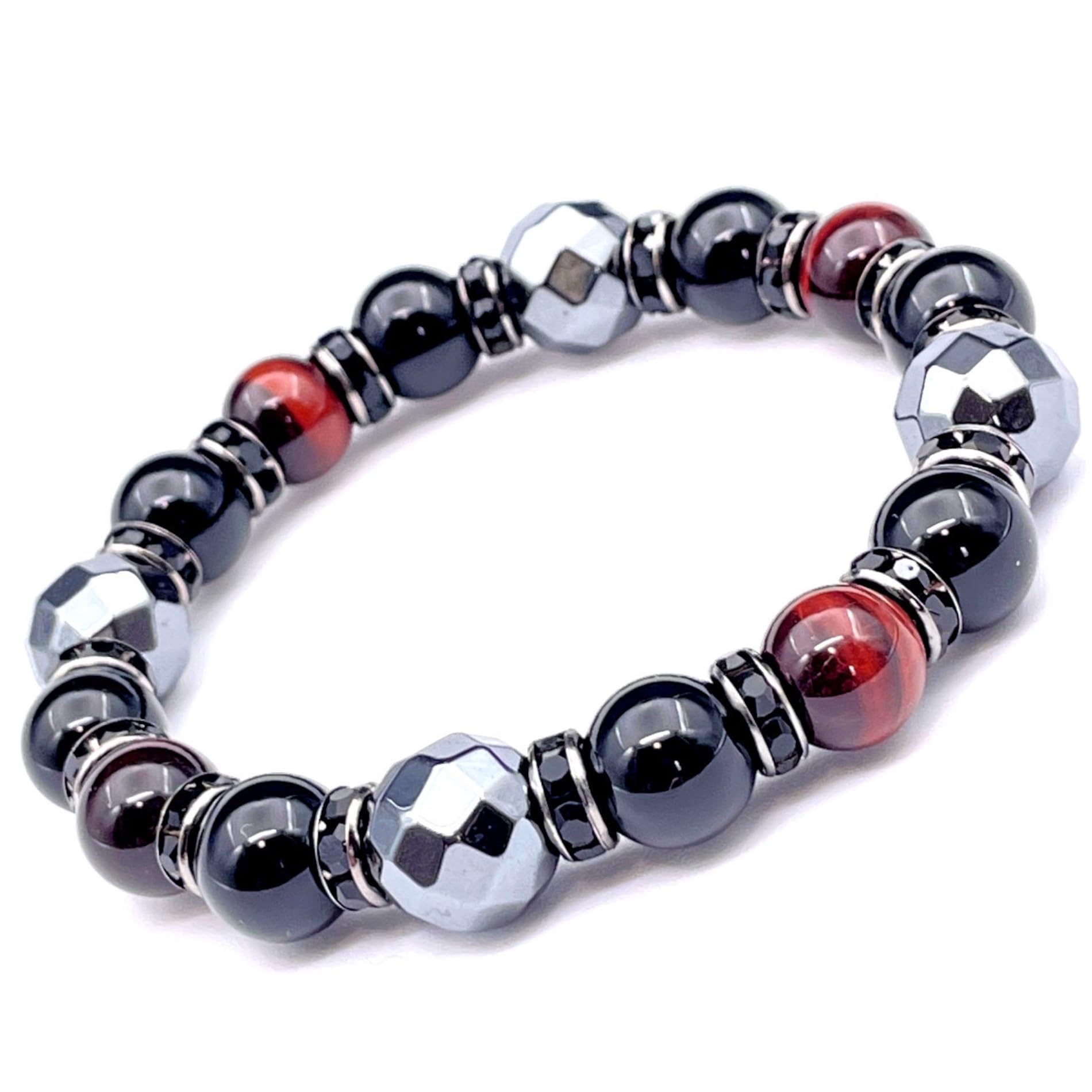 

Natural Stone Power Stone Bracelet Financial and Career Red Tiger and Hematite Natural Stone Bracelet with Logo and Luxury Suede Drawstring Bag