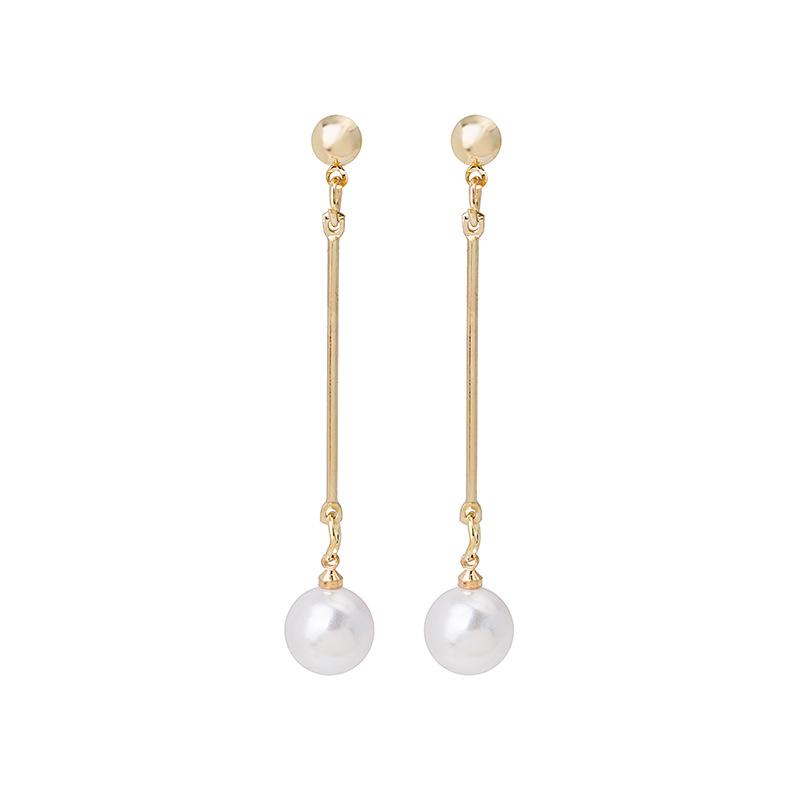 E720 Gold-Plated Long Pearl Earrings - Korean OL Style